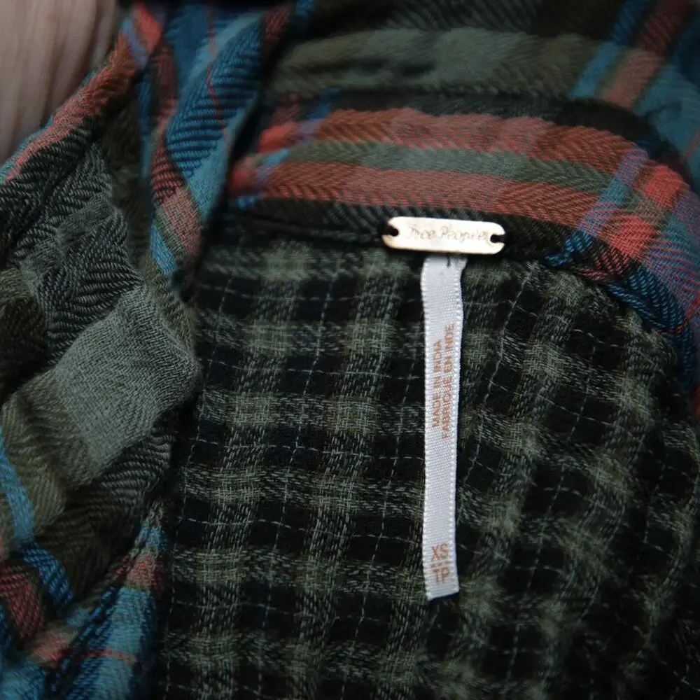 Free People Shirt Womens Oversized XS Plaid Green Blue Red Button Up Gauze Boho